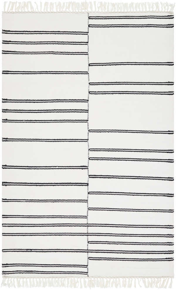 Close-up of the Akash Area Rug: a hand-woven, off-white rug with charcoal stripes and white fringe. Design-Rectangle-576