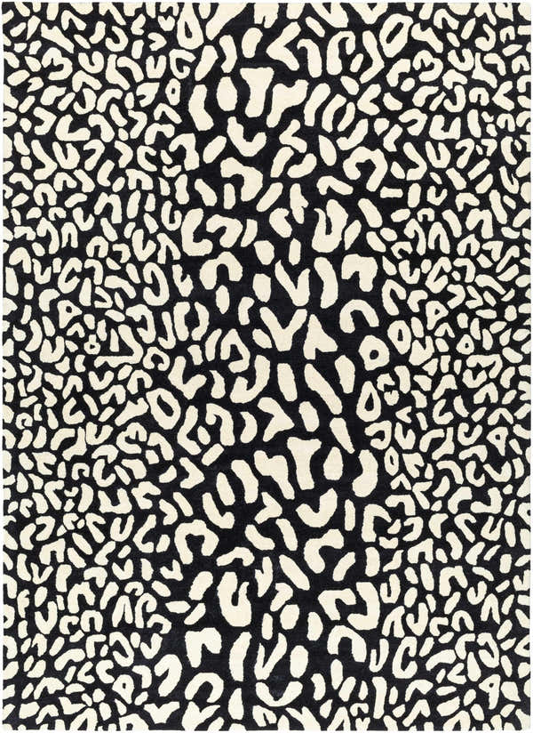 Close-up of the Akeem Leopard Print Area Rug. Black rug with a beige leopard print design. Hand-tufted 100% wool. Design-Rectangle-811