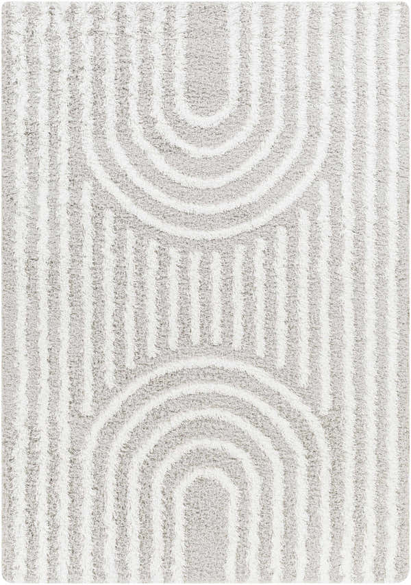 Close-up of Akela Shag Area Rug. Gray and white shag rug with a geometric pattern of vertical lines and arches. Soft texture. Design-Rectangle-5373