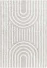 Close-up of Akela Shag Area Rug. Gray and white shag rug with a geometric pattern of vertical lines and arches. Soft texture. Design-Rectangle-5373