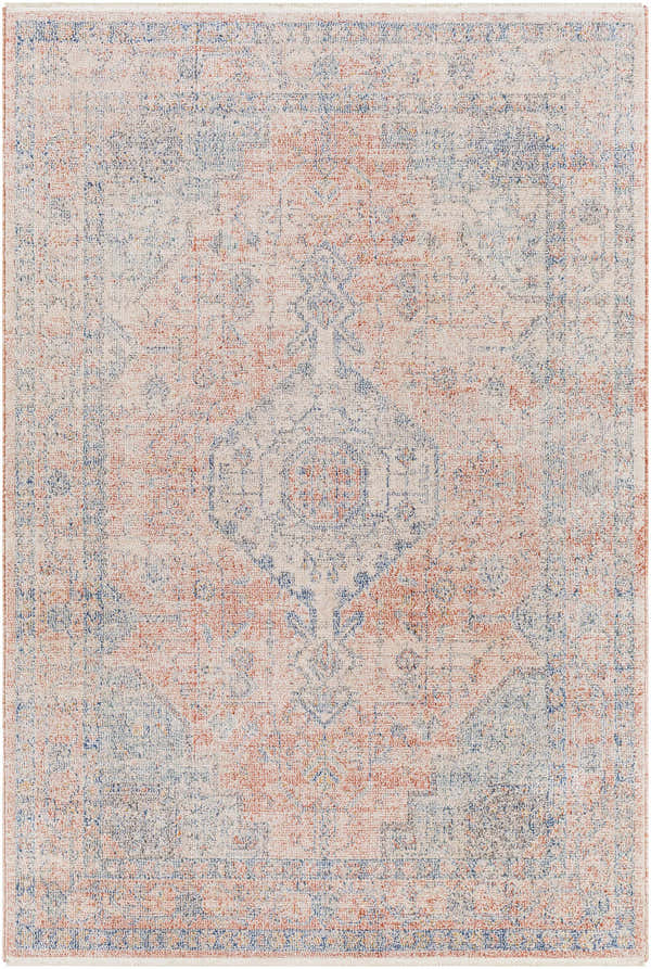 Close-up of the Akio Area Rug - Clearance. Traditional rug design in dark blue, ivory, light blue, light gray, and red. Design-Rectangle-537