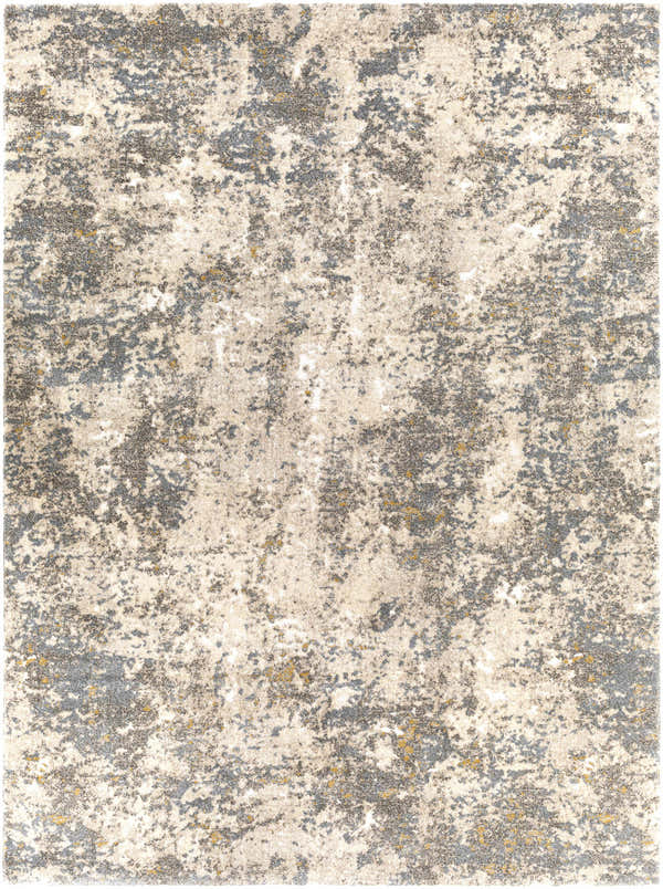 Close-up of the Alabaster Abstract Thick Luxe Rug. Features aqua, brown, ivory, gold, white, and yellow abstract pattern. Design-Rectangle-710103