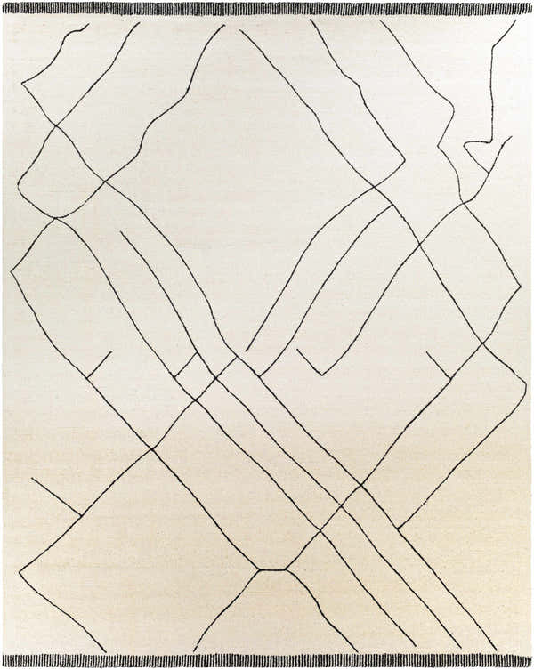 Close-up of the Alaca Arsenal Cream rug. Hand-tufted wool rug with a black geometric line pattern on a cream background. Design-Rectangle-810