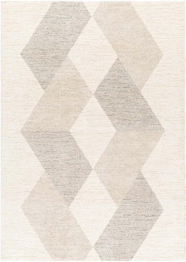 Close up of the Alake Luxe Rug, a contemporary rug with a geometric diamond pattern in beige, gray, and cream. Design-Rectangle-5373