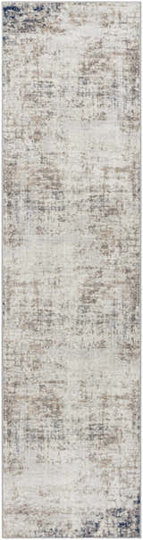 Close-up of the Alcove Abstract Area Rug. Colors include dark blue, gray, ice blue, and ivory. Contemporary style. Design-Runner-2710