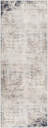 Alcove Abstract Area Rug with a contemporary design in dark blue, gray, and ivory hues. Machine woven polypropylene texture. Design-Runner-2710