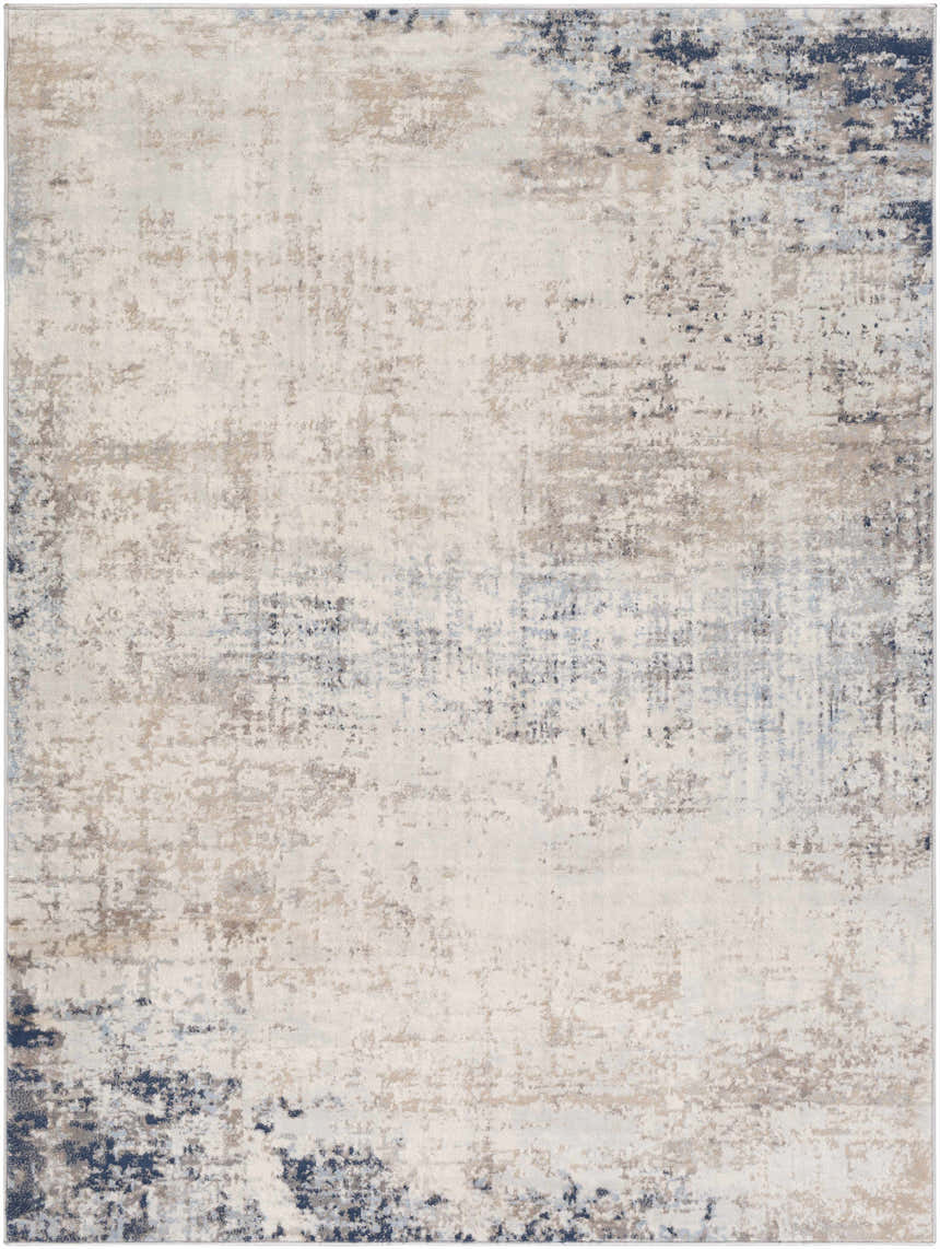 Close-up of the Alcove Abstract Area Rug, featuring a distressed pattern in dark blue, gray, and ivory hues. Design-Rectangle-5371