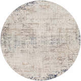 Round Alcove Abstract Area Rug with a distressed pattern in dark blue, gray, ice blue, and ivory. Design-Round-67