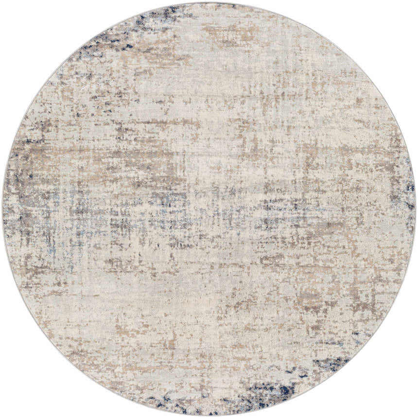 Round Alcove Abstract Area Rug with a distressed pattern in dark blue, gray, ice blue, and ivory. Design-Round-67