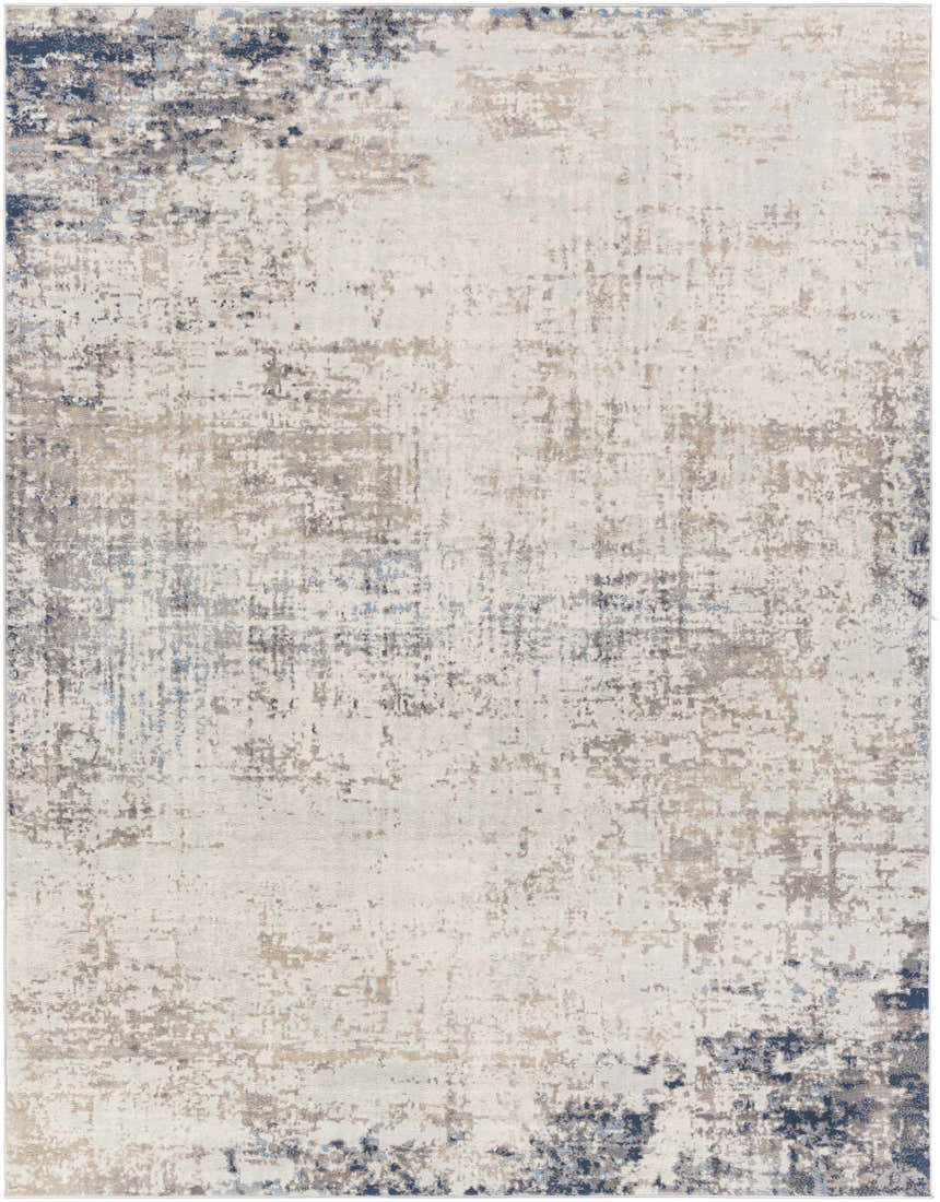 Close-up of the Alcove Abstract Area Rug. Contemporary design in dark blue, gray, ice blue, and ivory. Machine woven polypropylene. Design-Rectangle-71010
