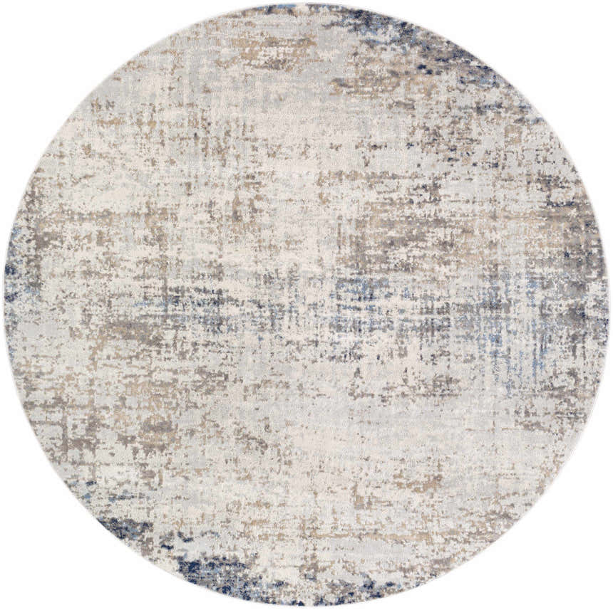 Round Alcove Abstract Area Rug with a contemporary design in dark blue, gray, and ivory hues. Design-Round-710
