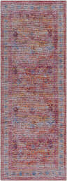 Close-up of the Alcoy Washable Area Rug. Features traditional floral motifs in dark purple, brown, pink, and blue hues. Design-Runner-2773