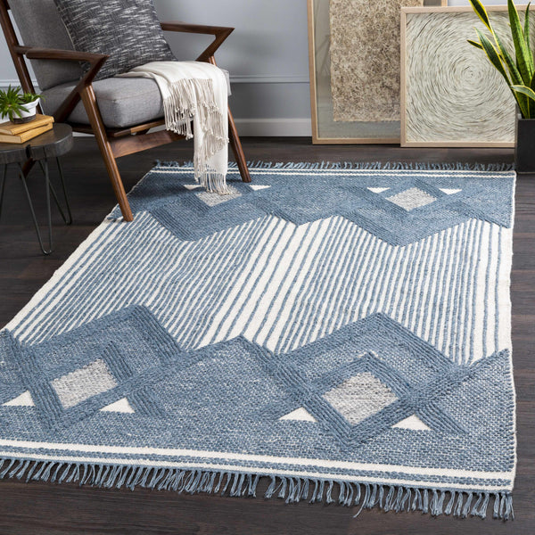 Aldbourne Blue Tassel Flatweave Wool Rug - Clearance