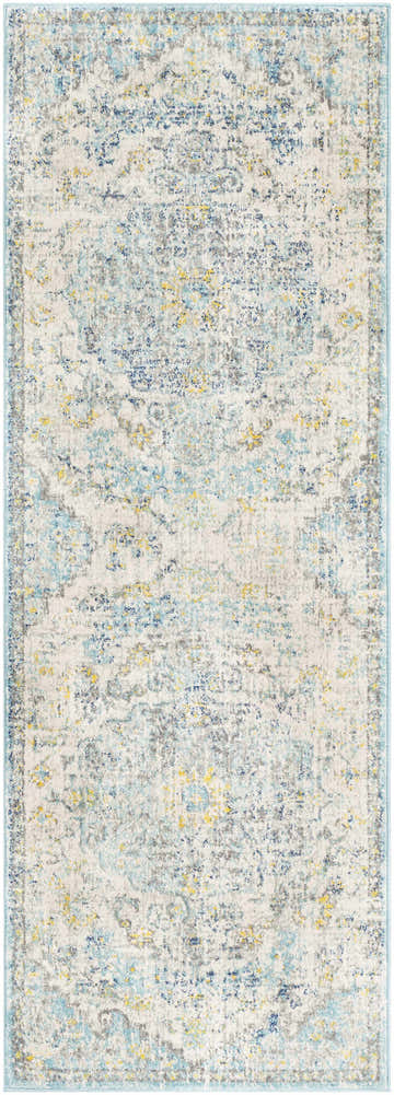 Close-up of the Aleknagik Area Rug. Features a vintage-style design in charcoal, beige, gray, mustard, peach, and teal. Design-Runner-2710