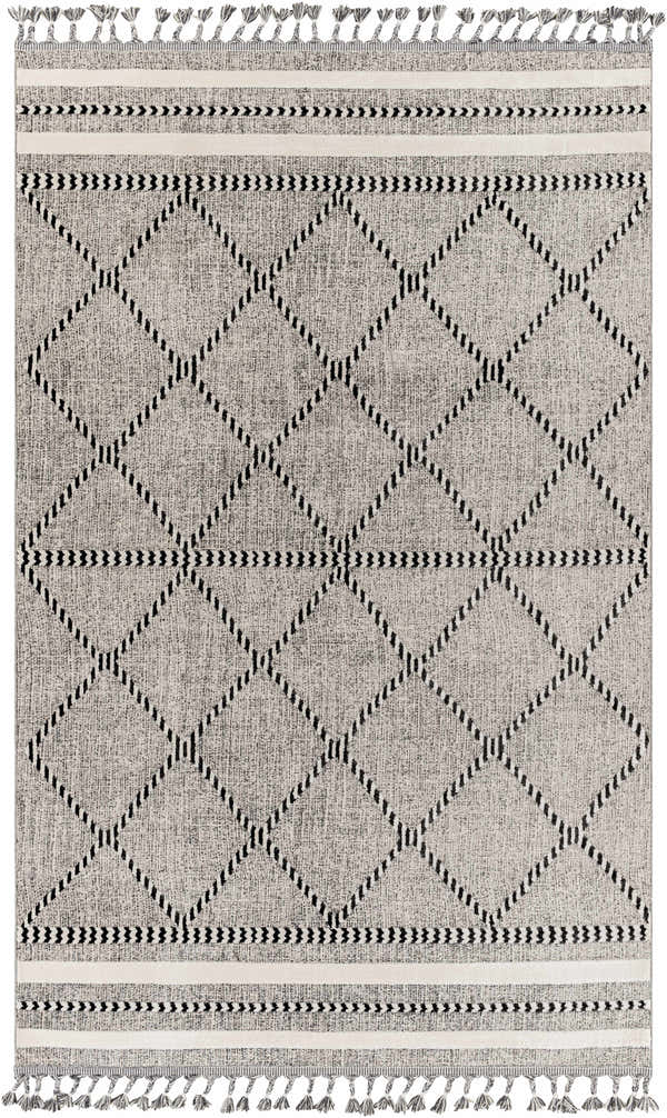 Close-up of the Alev Area Rug: a geometric, machine-woven rug in dark gray and natural gray with tassels. Design-Rectangle-57