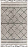 Close-up of the Alev Area Rug: a geometric, machine-woven rug in dark gray and natural gray with tassels. Design-Rectangle-57