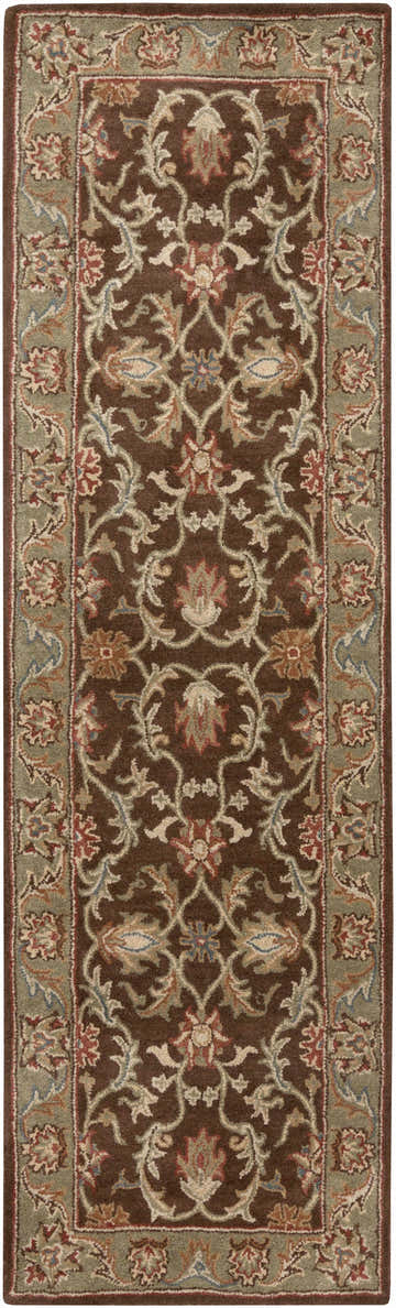 Close-up of the Alexander Brown Regency Wool Carpet, featuring a traditional floral pattern in brown, beige, and olive tones. Design-Runner-268
