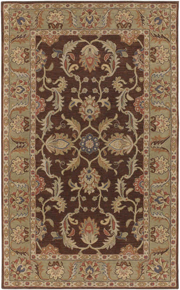 Detailed floral pattern of the Alexander Brown Regency Wool Carpet in brown, beige, olive, and red. Traditional style. Design-Rectangle-58