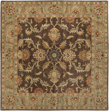 Detailed square Alexander Brown Regency wool carpet with brown, olive, and brick red floral pattern. Traditional style. Design-Square-8