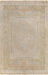 Close-up of the hand-knotted Aliang Premium Rug. Traditional Oriental design in camel, tan, cream, and pale blue wool. Design-Rectangle-69