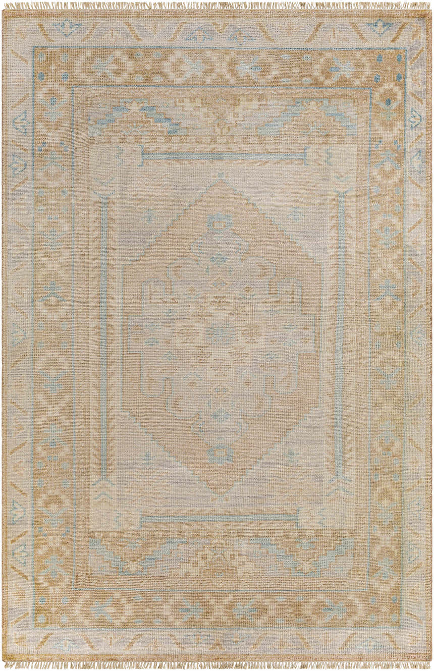 Close-up of the hand-knotted Aliang Premium Rug. Traditional Oriental design in camel, tan, cream, and pale blue wool. Design-Rectangle-69