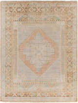 Close-up of the hand-knotted Aliang Premium Rug. Traditional oriental design in cream, tan, blue, and pink wool. Design-Rectangle-810