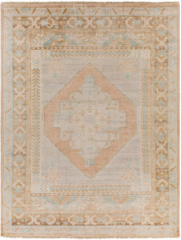 Close-up of the hand-knotted Aliang Premium Rug. Traditional oriental design in cream, tan, blue, and pink wool. Design-Rectangle-810