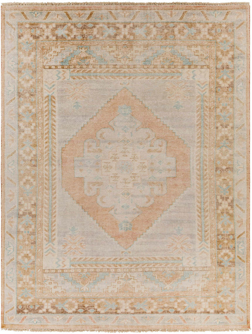 Close-up of the hand-knotted Aliang Premium Rug. Traditional oriental design in cream, tan, blue, and pink wool. Design-Rectangle-810