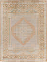 Close-up of the hand-knotted Aliang Premium Rug. Traditional oriental design in cream, tan, blue, and pink wool. Design-Rectangle-810