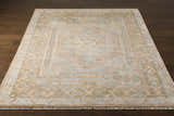 Close-up of the hand-knotted Aliang Premium Rug. Oriental design in cream, tan, and light blue on a dark wood floor. Front