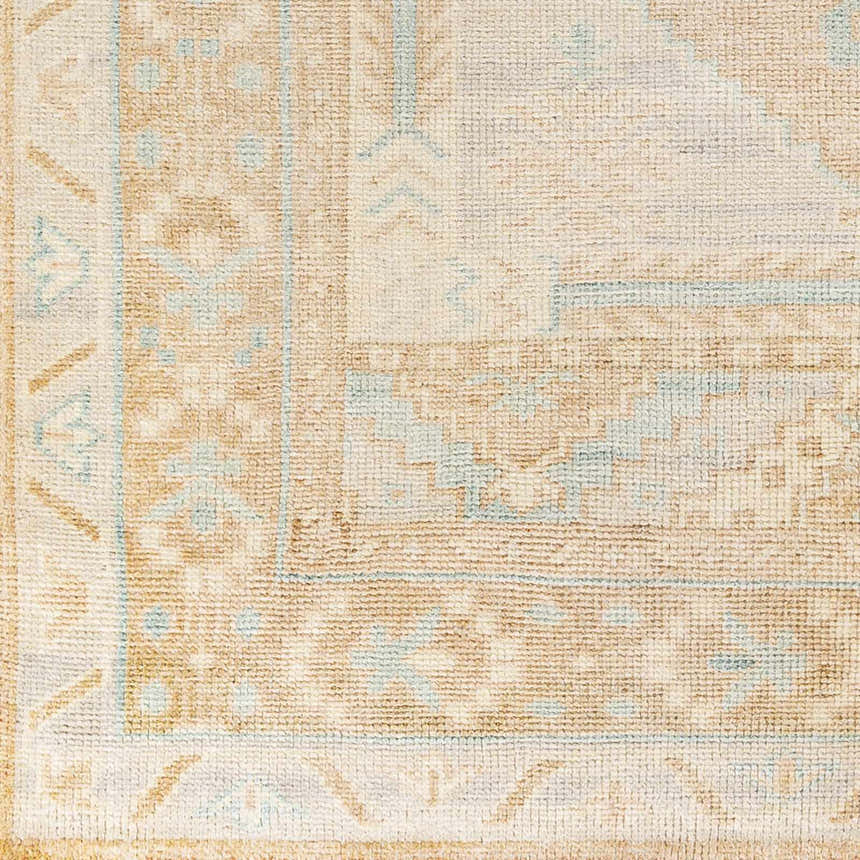 Close-up of the hand-knotted Aliang Premium Rug. Features a traditional pattern in cream, tan, and light blue hues. Wool texture. Swatch