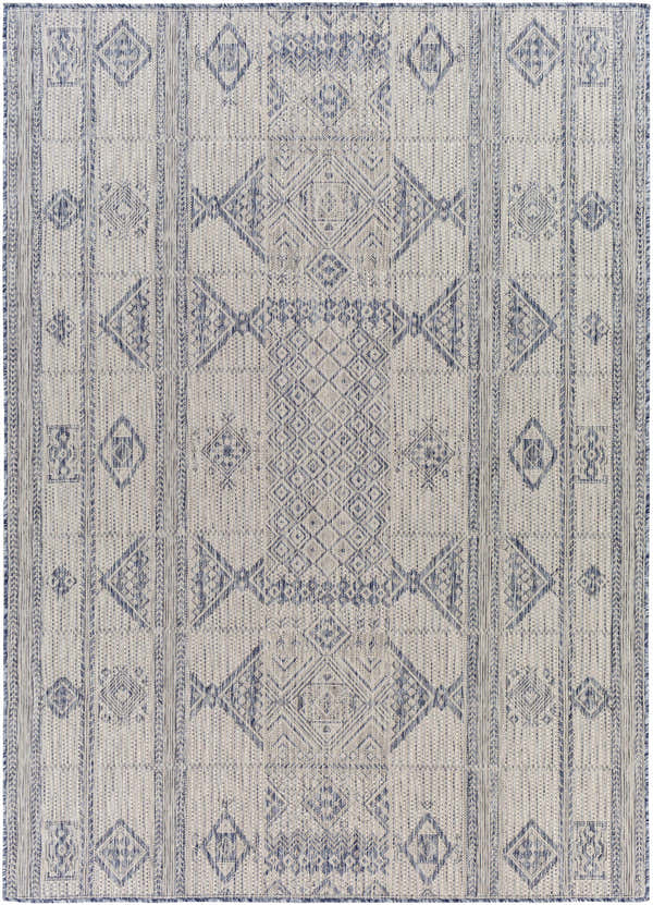 Close-up of the Malamig Gray & Blue Area Rug. Geometric diamond pattern in shades of blue, gray, and off-white. Machine woven texture. Design-Rectangle-537