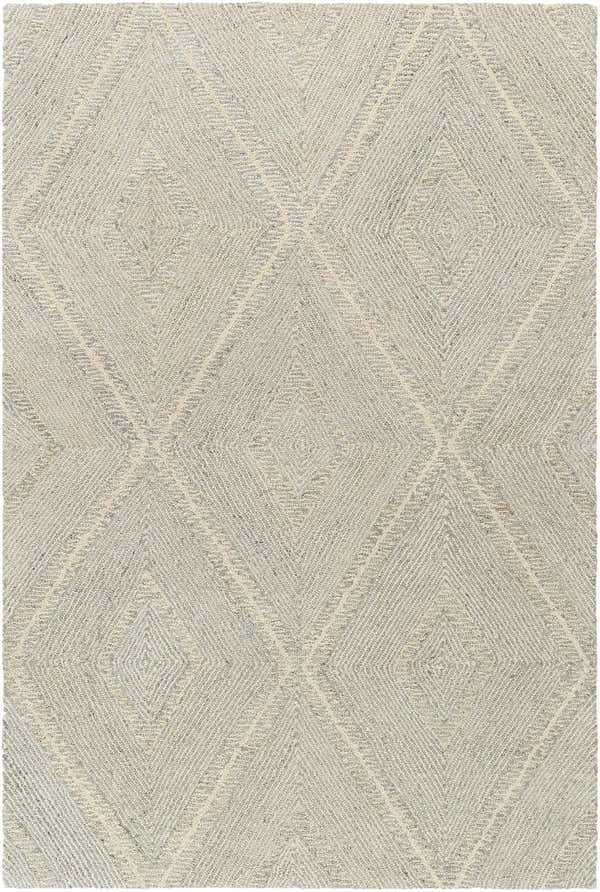 Close-up of the hand-tufted Alick Area Rug. Beige and beachhouse colors with a geometric diamond pattern. 100% wool texture. Design-Rectangle-576