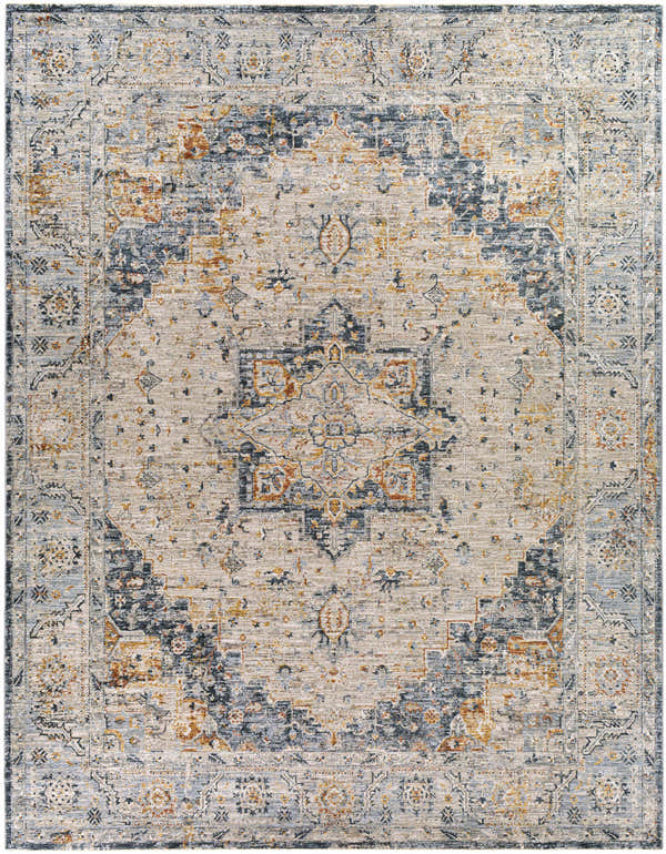 Detailed view of the Alief Luxe Rug, a machine-woven traditional rug in brick red, charcoal, cream, and gray tones. Design-Rectangle-710103