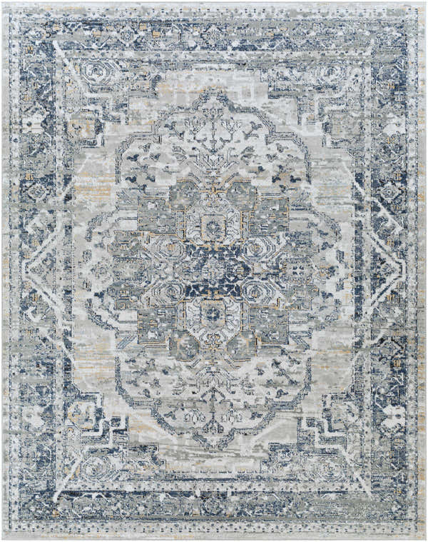 Close-up of the Allerton Area Rug, a machine-woven rug with a traditional oriental design in beige, charcoal, and blue. Design-Rectangle-71010