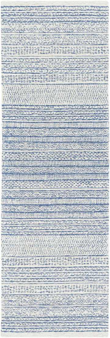 Close-up of the Allport Tufted Maroc Wool Rug featuring a blue and beige Moroccan-inspired horizontal stripe pattern. Design-Runner-268