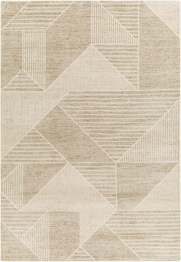 Close up of Almas Luxe rug featuring a geometric pattern in cloud gray, lambswool, and nutmeg tones. Design-Rectangle-5373