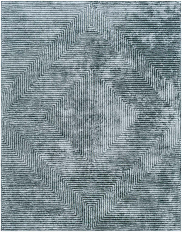 Close-up of Quartz Patterned Sheen Blue/Green Viscose Rug featuring a geometric striped design. Design-Rectangle-810