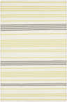 Close-up of the Aloma Area Rug. Hand-woven wool rug with a striped pattern in charcoal, light beige, and light olive. Design-Rectangle-58