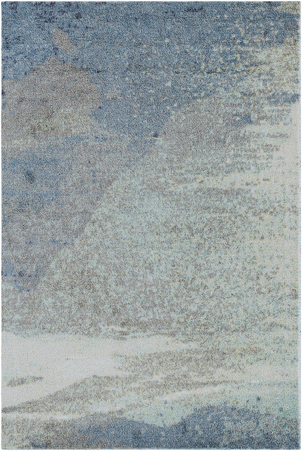 Close-up of the Alvaton Abstract Blue Rug showing its textured, machine-woven design in shades of blue, gray, and light beige. Design-Rectangle-23
