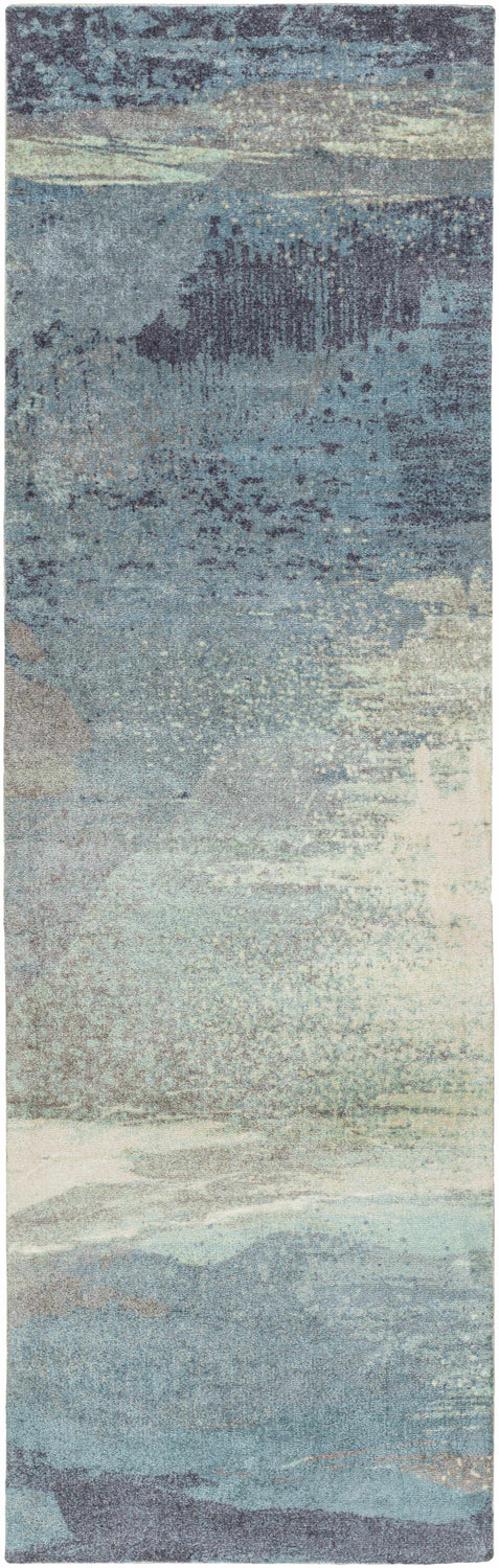 Close-up of the Alvaton Abstract Blue Rug, featuring a blend of blue, gray, and beige hues in a contemporary abstract design. Design-Runner-268