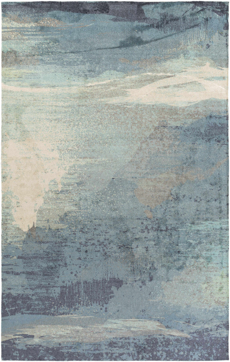 Close-up of Alvaton Abstract Blue Rug. Contemporary design with blue, denim, gray, and beige hues. Design-Rectangle-576