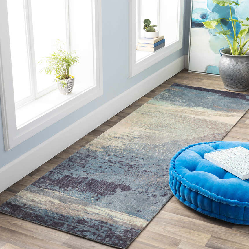 Light blue hallway with Alvaton Abstract Blue Rug runner, bright blue pouf, and natural light from windows. Roomscene-Runner