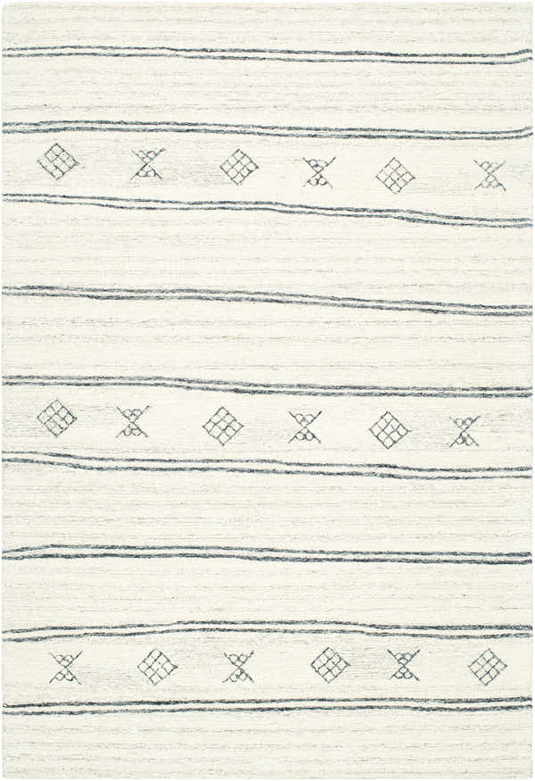 Close-up of the Amaka Area Rug. Hand-tufted 100% wool rug with dark gray stripes and geometric patterns on off-white. Design-Rectangle-576