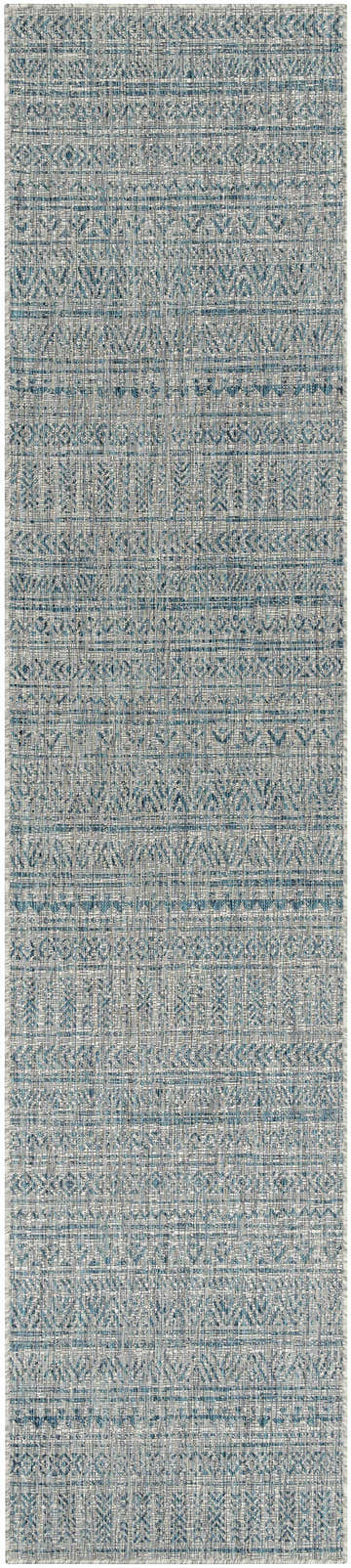 Close-up of the Novato Aqua rug. All-over pattern in aqua, black, taupe, and white. Machine woven polypropylene rug. Design-Runner-2712
