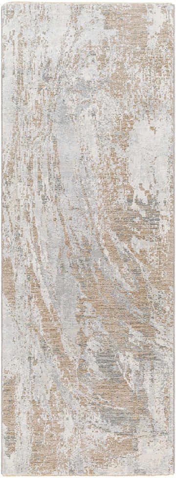 Close-up of the Ambra Thick Luxe Boutique Rug. Abstract design in cloud gray, dark brown, and light gray hues. Design-Runner-2710