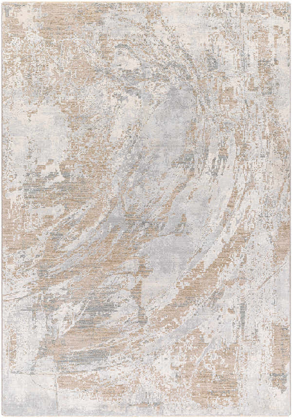 Close-up of the Ambra Thick Luxe Boutique Rug, showcasing its cloud gray, brown, and gray contemporary design. Design-Rectangle-575