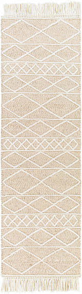 Close-up of the Ambulong Area Rug. Cream and tan rug with white geometric diamond pattern and fringe. Hand woven wool and cotton. Design-Runner-268