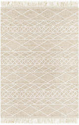 Close-up of the Ambulong Area Rug - Clearance. Cream and tan wool rug with a geometric diamond pattern and fringed edges. Design-Rectangle-576