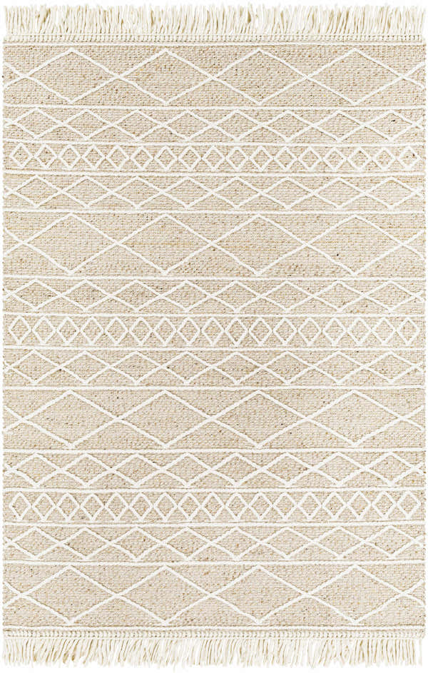 Close-up of the Ambulong Area Rug - Clearance. Cream and tan wool rug with a geometric diamond pattern and fringed edges. Design-Rectangle-576